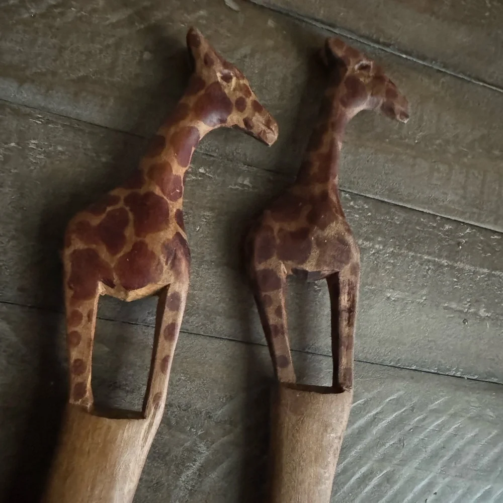 African Hardwood Teak Spoon Fork Spatula Giraffe Handle Salad Serving Set